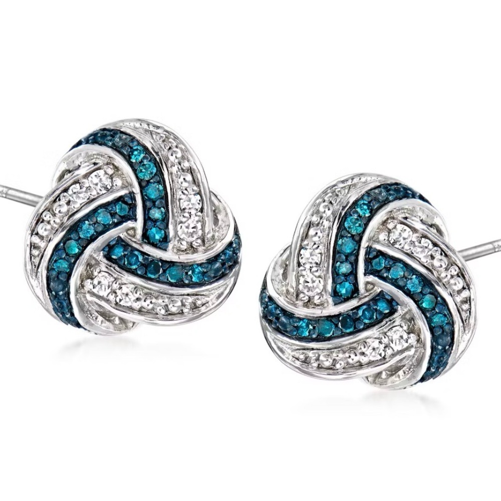 Ross-Simons .15 ct t.w. Blue & White Diamond Love Knot Earrings in Sterling Silv